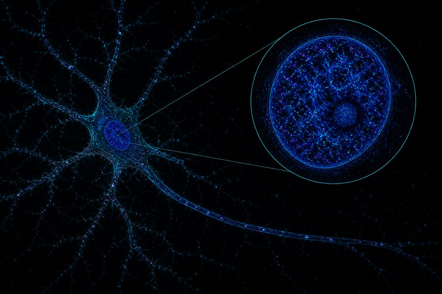 Conceptual visualisation of a neuron with long processes and a magnified view of nuclear speckles, nucleolus and biomolecular condensates