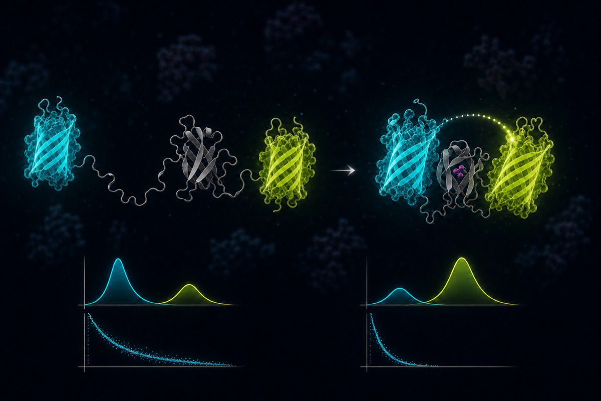 A cyan and a yellow fluorescent protein flanking a sensor domain: when the sensor closes, the two fluorophores come together, energy transfers, and the emission spectrum and fluorescence lifetime both shift