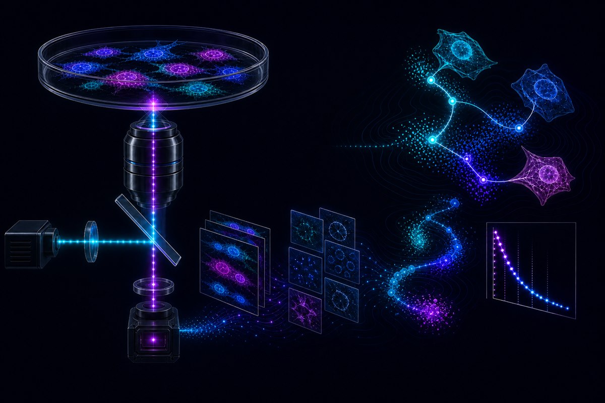 A microscope light path: laser excitation reflects off a dichroic mirror up through the objective into a dish of living cells; the emission returns to the camera, and the recorded image stack is then segmented, tracked from cell to cell, and reduced to a fluorescence-lifetime decay curve