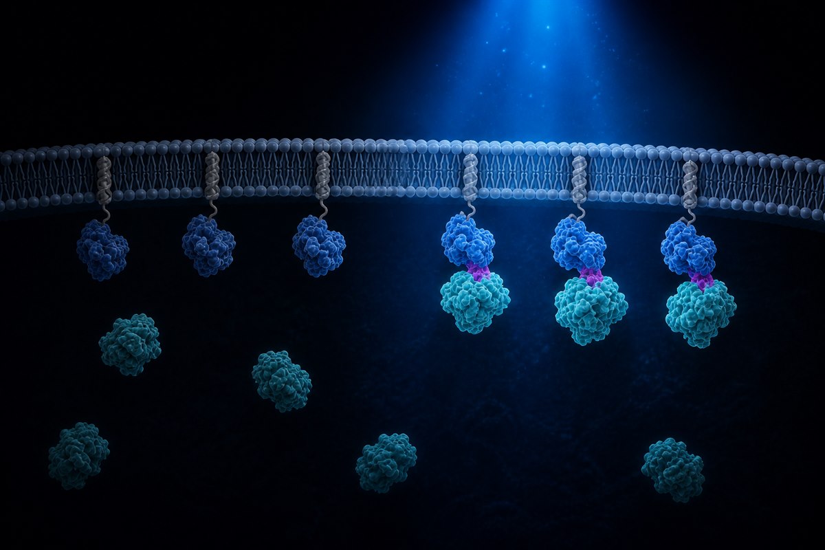 Membrane-anchored proteins under a beam of blue light: the illuminated ones have recruited a partner protein up from the cytoplasm and docked it at the membrane, while those left in the dark remain unbound