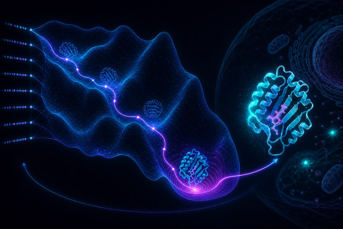 A sequence fed through a neural network traces a path down an energy landscape, passing through successive folds to a minimum, and yields a designed protein that is then tested inside a cell